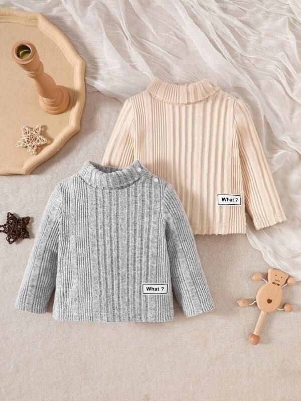SHEIN 2pcs/Set Newborn Turtleneck Long Sleeve Textured Knitted Tops, Flower Gray + Apricot, Autumn/Winter, Suitable For Casual Wear