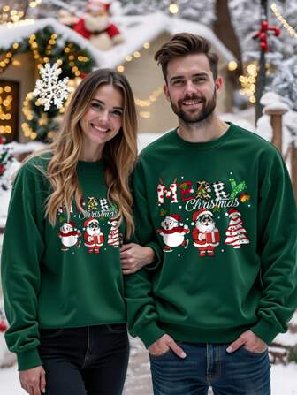 Manfinity Homme Moletom casual masculino com estampa de slogan de Natal e gola redonda, manga comprida, outono/inverno