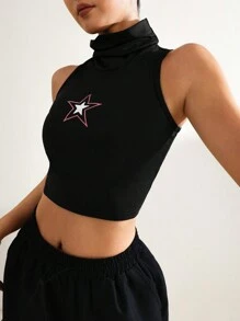 เสื้อแขนกุดคอสูง พิมพ์ลายดาวแบบง่าย ผู้หญิง เสื้อผ้าใส่ประจำวันแบบเบาๆ - สีดำ - ดู 3