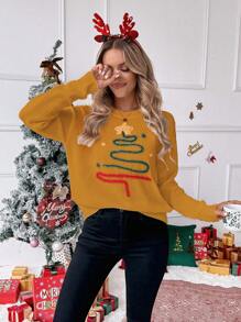 SHEIN Unity Soft Yellow Cute Holiday Oversized Winter Christmas Atmosphere Sparkling Christmas Tree Graphic Round Neck Pullover Sweater,European/American Autumn - Mustard Yellow - View 4
