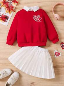 SHEIN Sparklyn Bộ đồ trẻ em dễ thương & ngọt ngào, phù hợp với mọi hoàn cảnh, thường ngày, đa năng, đi làm, ngày lễ tình nhân, họa tiết trái tim, áo sơ mi cài nút màu trắng và áo nỉ đỏ + váy xếp ly mini màu trắng, thích hợp cho các buổi lễ kỷ niệm, tiệc tùng, trường học và họp mặt gia đình - Nhiều màu - Xem 2