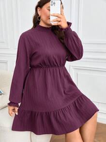 SHEIN Frenchy Plus Size Vrouwen Effen Kleur Ruffle-Trim Kraag Lange Mouw Volant Trim Casual Jurk, Herfst