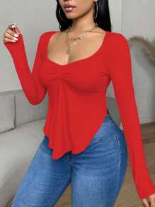 VaVaBold 纯色INS新品方领长袖荷叶边下摆不对称下摆女休闲T恤秋季女装新年衣服