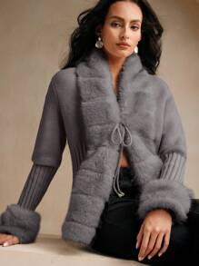Anewsta Elegant Fox Fur Knit Cardigan Sweater For Women - Dark Grey - View 3