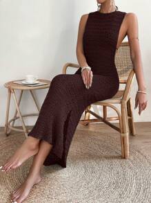 SHEIN Swim 女士纯色无袖圆领修身长裙，休闲日常穿着 - 咖啡棕 - 查看 7