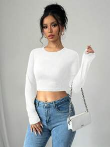 Chiquease تي شيرت قصير فضفاض ذو رقبة دائرية وأكمام طويلة ومفتوح الظهر للنساء في فصل الخريف - أبيض - مشاهدة 7