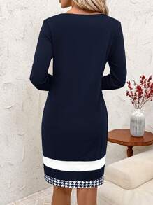 SHEIN Clasi Vestido de Trabalho Elegante de Manga Longa Feminino, Outono/Inverno - Azul Marinho - Visão 2