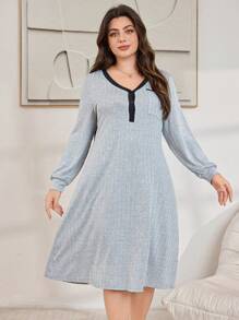 Lazeform Plus Size Women Ribbed Color Blocking Pocket Casual Nightgown Sleepwear