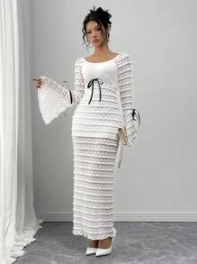 Calvaya Romantic Elegant Sexy Lace Splice Flare Sleeve Slim Fit Long Dress Maxi Women Outfit