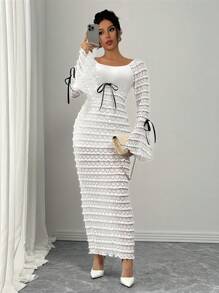 Calvaya Romantic Elegant Sexy Lace Splice Flare Sleeve Slim Fit Long Dress Maxi Women Outfit