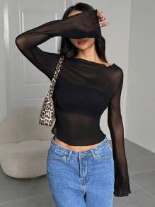 SHEIN EZwear Damesmode Sexy Sheer Mesh Getailleerde Top met Lange Mouwen