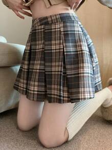 DAZY Falda plisada de línea A de moda casual y sencilla para mujer, a cuadros para uso diario