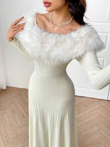 Modelyn Elegant Off Shoulder Fur Collar Sweater Dress For Autumn/Winter - White - View 1