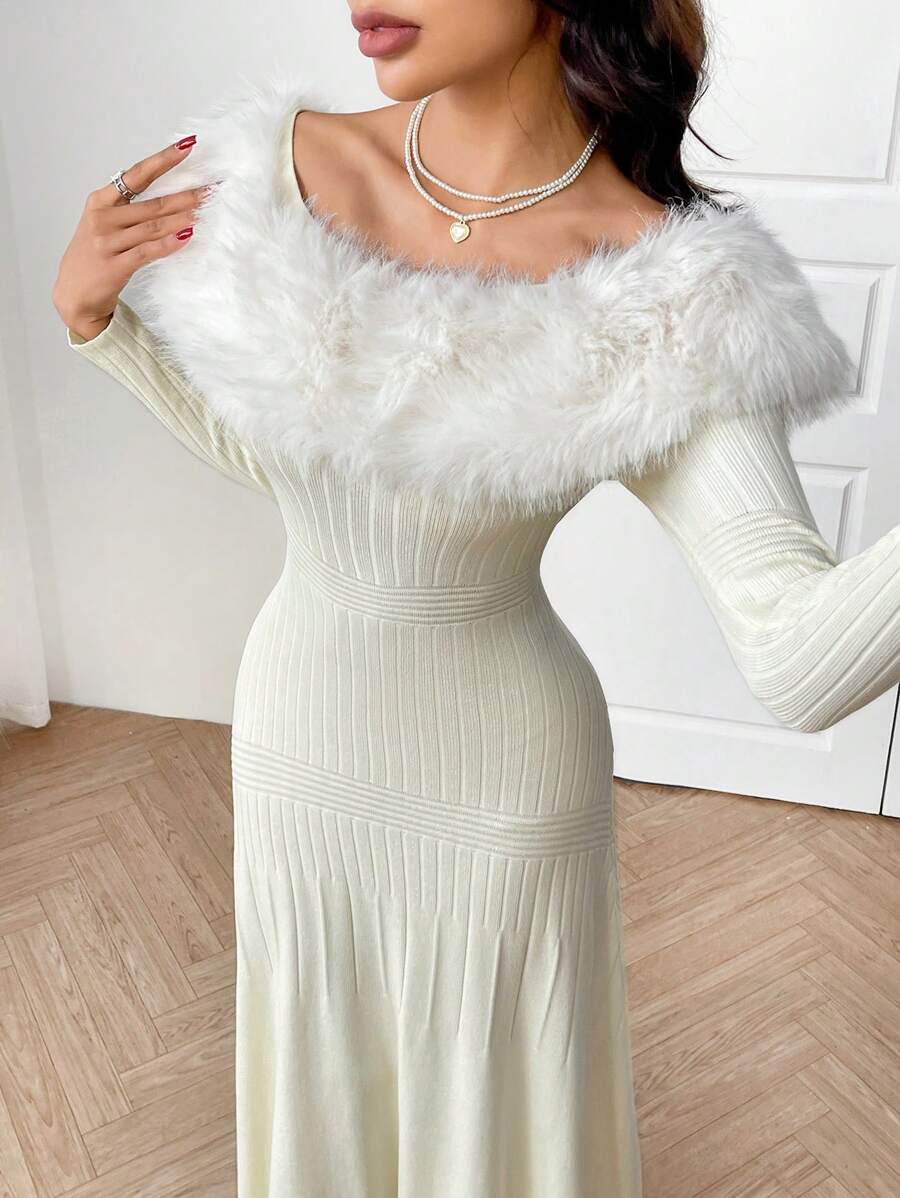 Modelyn Elegant Off Shoulder Fur Collar Sweater Dress For Autumn/Winter - White - View 1