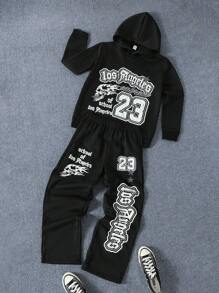 SHEIN Explorewe Set da 2 pezzi, felpa con cappuccio e pantaloni coordinati con stampa grafica, stile casual da strada per ragazzi adolescenti, adatto per attività all'aperto, vacanze, sport, autunno/inverno - nero - Visualizzare 8