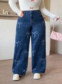 SHEIN EZwear Jeans holgados de tallas grandes para mujer con decoración de moño y bolsillos