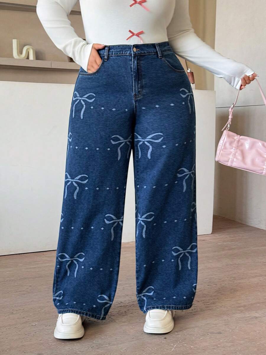 SHEIN EZwear Plus Size Women's Loose Casual Jeans With Bowknot Decor & Pockets - Medium Wash - View 1