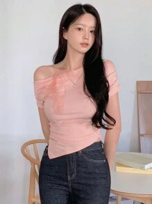 DAZY 女士露肩蝴蝶结粉色短袖T恤 - 粉色 - 查看 3