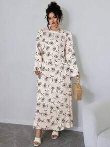 Flirla Plus Size Women Black Rose Print Long Sleeve Dress - Multicolor - View 3