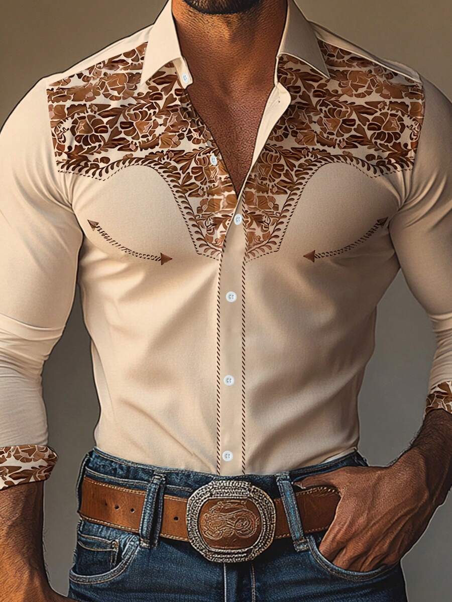 Manfinity Nomadique Men's Front Button Long Sleeve Printed Casual Shirt, For Everyday Wear, For Fall - Khaki - View 1