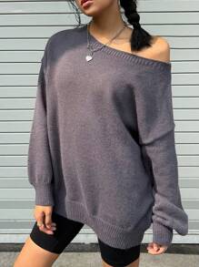 INAWLY Women Plain Asymmetric Collar Casual Versatile Long Sleeve Sweater Knit Pullover Fall Winter - Dark Grey - View 5
