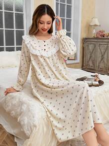 CottageSlumber Lace Patchwork Round Neck Three-Button Cherry Print Oversized Long Sleeve Women Sleepwear Dress - Apricot - View 4