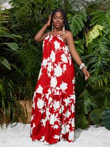 Slaydiva Beach Summer Vacation Thin Suspender A-Hem Maxi Skirt Green Plant All-Over Printed Women's Dress