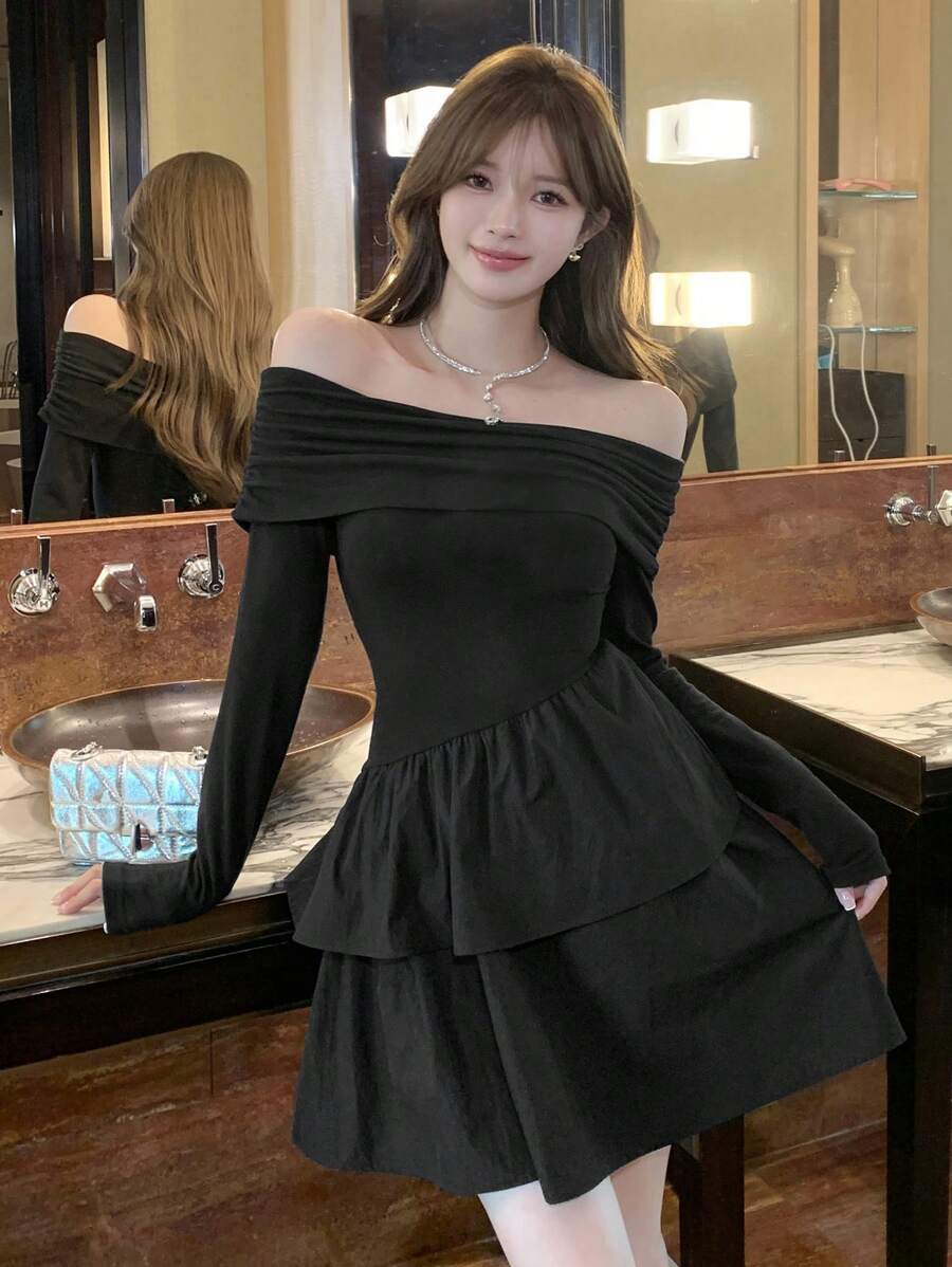 DAZY 女士短款派对连衣裙，适合春秋季、情人节等场合，迷你露肩上衣