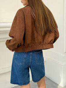 Jouncy 女士休闲复古短款常规夹克，秋季 - 棕色 - 查看 4