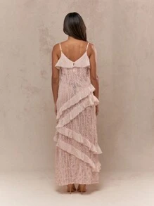 MISSGUIDED 晚礼服长裙荷叶边雪纺覆盖正式长礼服螺旋荷叶边设计特殊场合婚礼宾客舞会礼服春夏花园派对 - 粉色 - 查看 2