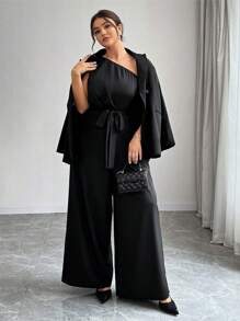 Elenzga Plus Size Plain Halter One-Piece Jumpsuit With Front Tie Casual Minimalist Design - Black - View 4