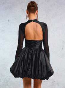 SHEIN SXY 新年优雅性感夜店必备情人节ICON黑色缎面撞色网眼高弹长袖泡泡下摆迷你连衣裙 - 黑色 - 查看 2