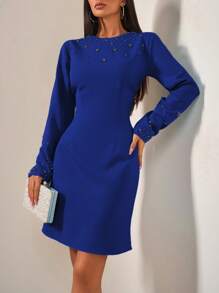 SHEIN Cottnline فستان أنيق مصمم بشكل خاص، مزخرف بالماس، أكمام طويلة، مناسب تمامًا وأنيق - أزرق غامق - مشاهدة 4