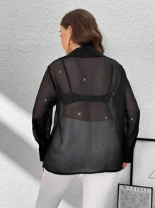 SHEIN Privé Áo sơ mi công sở tay dài màu đen cơ bản, thích hợp cho ngày lễ, năm mới, tiệc tùng, công sở thanh lịch, trà chiều tinh tế, hẹn hò hơi gợi cảm, hòa nhạc, tiệc tùng, INS hợp thời trang cổ điển, đại học, áo cánh công sở màu đen cơ bản, mỏng bóng, thích hợp cho ngày lễ, năm mới, tiệc tùng, công sở thanh lịch, áo sơ mi sequin - màu đen - Xem 4