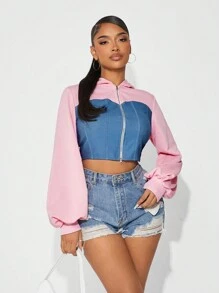 SHEIN SXY Women's Autumn Casual Contrast Color Patchwork Hooded Cropped Sweatshirt,Zip Up Women Hoodie,