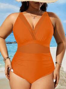 SHEIN Swim Curve Plus Size Solid Color Sleeveless V-Neck Contrast Mesh Casual Vacation One-Piece Swimsuit Summer