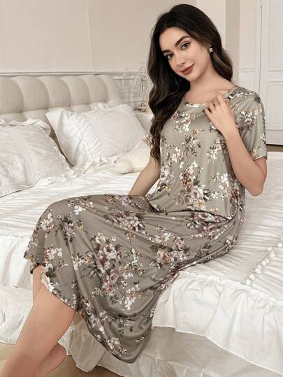 Round Neck Short Sleeve Bloemen Allover Print Nightgown Babydoll Perfect Moo view 6