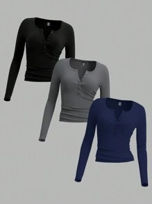 SHEIN EZwear 3pcs Plus Size Women Solid Color Knit Button Placket Long Sleeve Casual T-Shirts, Autumn/Winter - Navy Blue - View 1