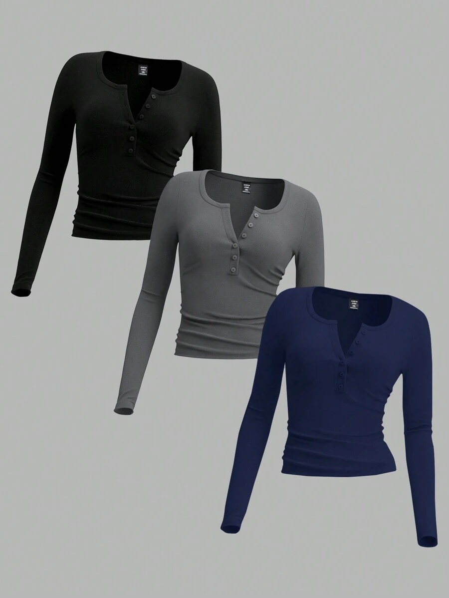 SHEIN EZwear 3pcs Plus Size Women Solid Color Knit Button Placket Long Sleeve Casual T-Shirts, Autumn/Winter - Navy Blue - View 1