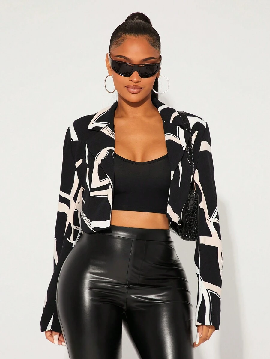 SHEIN SXY 女士几何图案优雅休闲西装外套，秋冬 - 黑與白 - 查看 1
