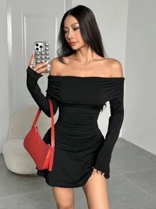 Muchica Women's Solid Color Off Shoulder Long Sleeve Casual Short Dress - Black - View 6