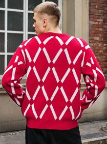 Manfinity Hypemode Suéter de cuello redondo de manga larga con bloqueo de color y patrón de diamantes, de punto, para hombre - Uso casual para otoño/invierno, salir con amigos