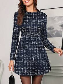 SHEIN Clasi Women Elegant Round Neck Long Sleeve Plaid Short Dress, Autumn/Winter
