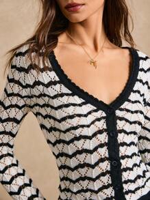 Poéselle Cárdigan de punto de manga corta de corte ceñido con contraste de colores, rayas onduladas y calado, de estilo casual para primavera/verano - Moda primaveral, blusas de mujer para verano