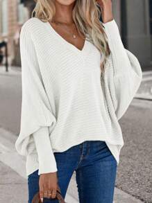 SHEIN LUNE Casual Simple Solid Color Batwing Sleeve Sweater For Autumn/Winter - White - View 1