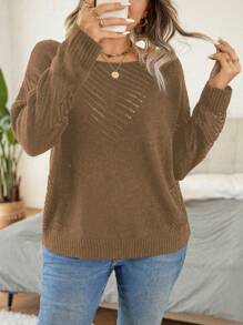 SHEIN LUNE Große Größen einfarbiger Langarm Cut Out Pullover, lässiger Alltagspullover Strick Pullover Herbst Winter