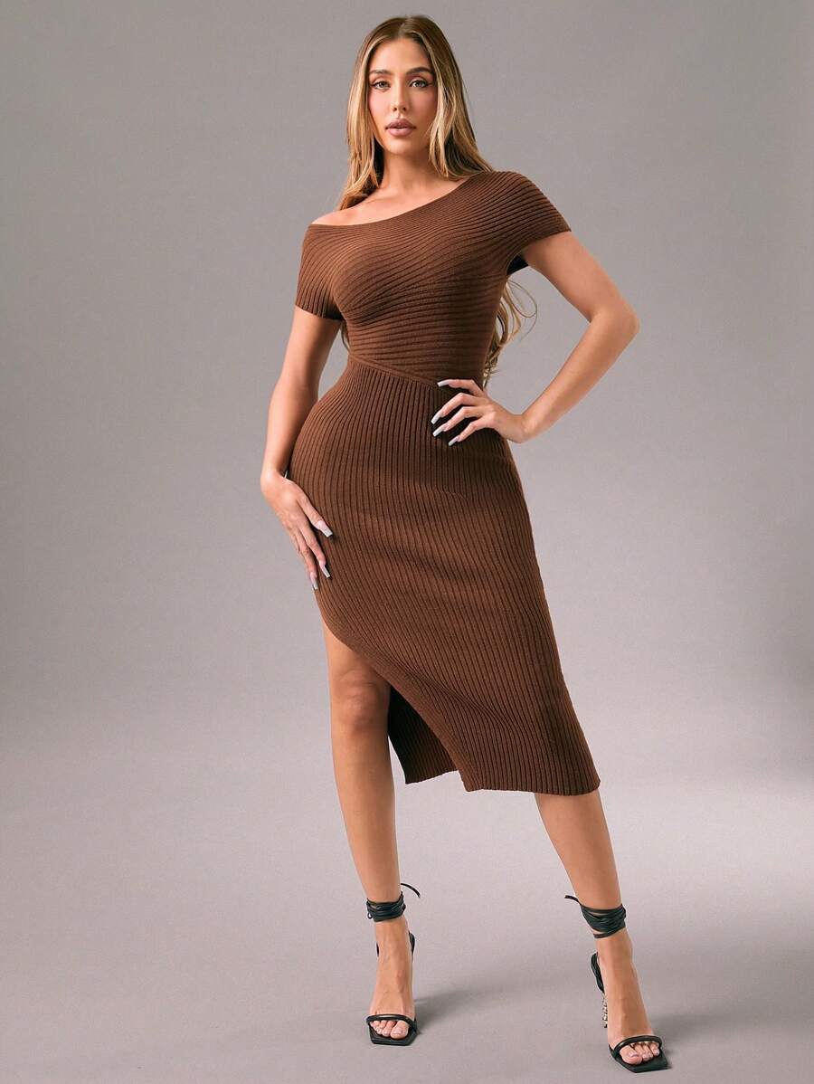 Zolique 女士长款斜肩短袖开衩针织连衣裙，秋冬 - 鏽棕色 - 查看 1