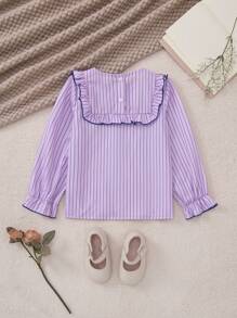 PrepCrw 年轻女孩宽松条纹荷叶边衬衫，学院风，适合春秋季节 - 粉色 - 查看 2