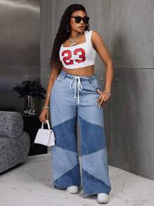 SHEIN SXY Plus Size Women Non-Stretch Blue Denim Straight Leg Jeans With Patchwork Design