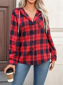 INAWLY Chemise à capuche casual à manches longues, à carreaux, à simple boutonnage pour femmes, automne